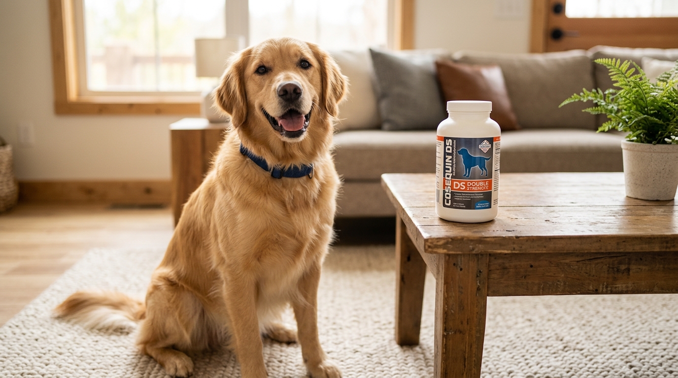 Cosequin DS joint supplement bottle alongside a happy, active dog running outdoors